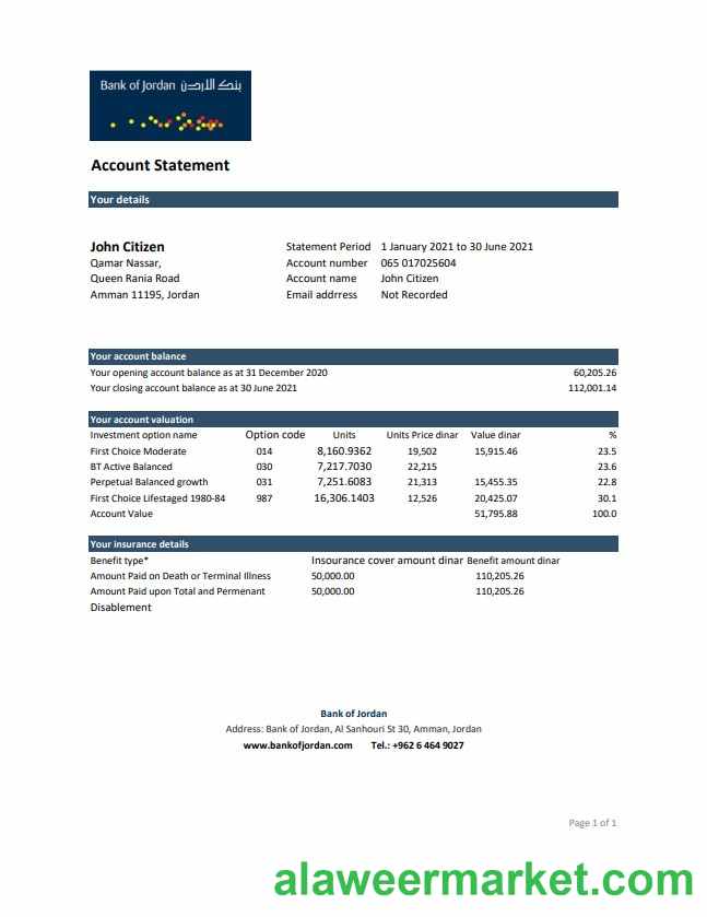 Jordan Bank of Jordan bank statement easy to fill template in .xls and .pdf file format